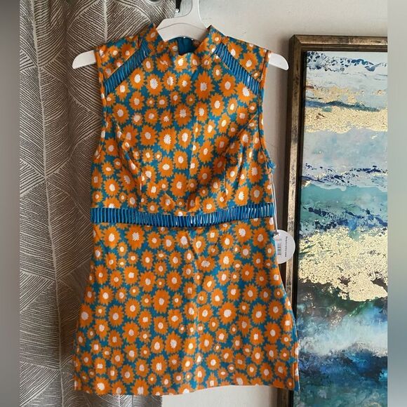 STAUD Atlas Top Sleeveless Orange Blue Daisy Linen Cotton Blend Shirt Sz 0 NWT - Picture 3 of 17
